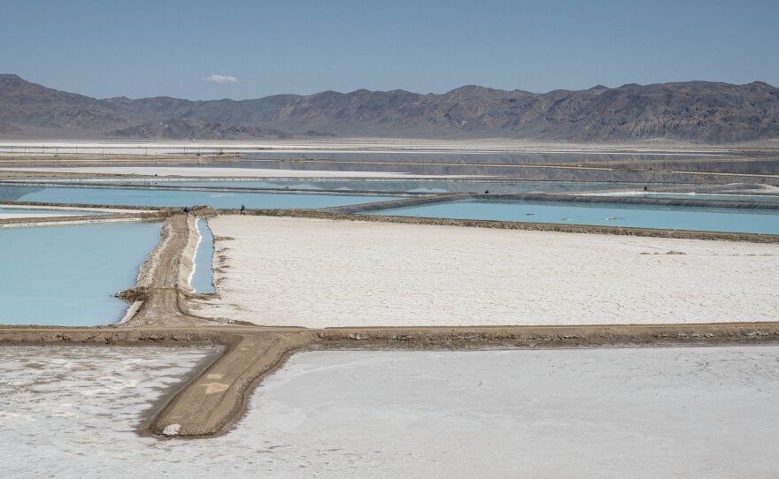 Lithium brine evaporation pools are seen at various stages at Silver Peak lithium mine in Silver Peak, Nev. on Oct. 6, 2022.