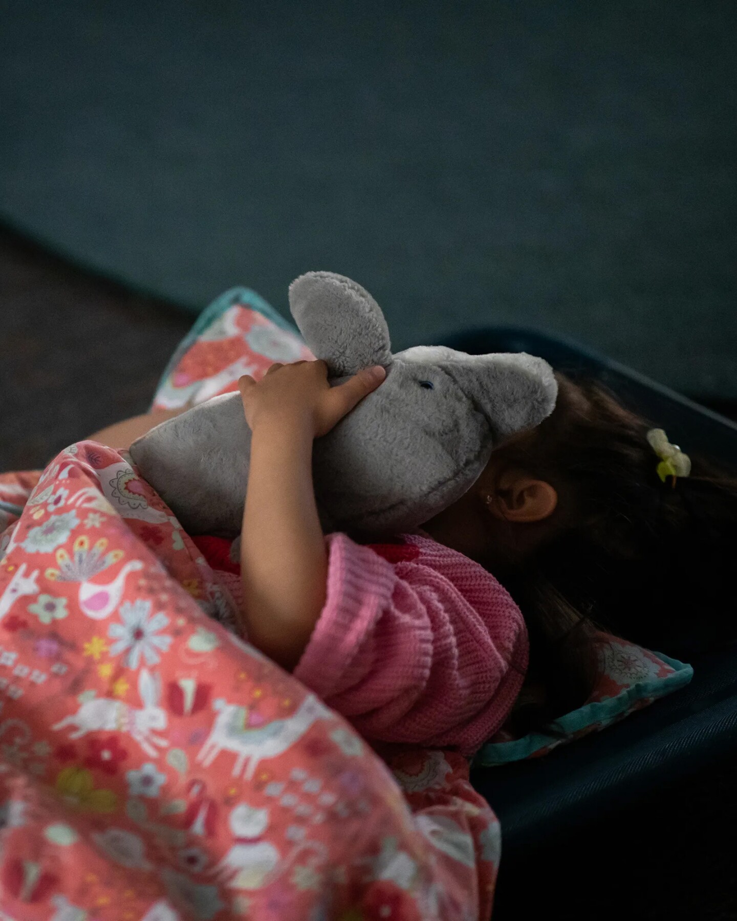 A student holds a stuffed animal during nap time at Mi Escuelita on May 5, 2025.