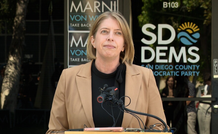 San Diego City Councilmember and Democratic nominee in California's 48th Congressional District, Marni von Wilpert, speaking in front of the San Diego County Democratic Party headquarters in Kearny Mesa, June 4, 2026.