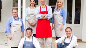 The cast of COOK'S COUNTRY FROM AMERICA'S TEST KITCHEN, pictured left to right, Julia Collin, Erin McMurrer, Christopher Kimball, Bridget Lancaster and in the front row, Adam Reid and Jack Bishop.