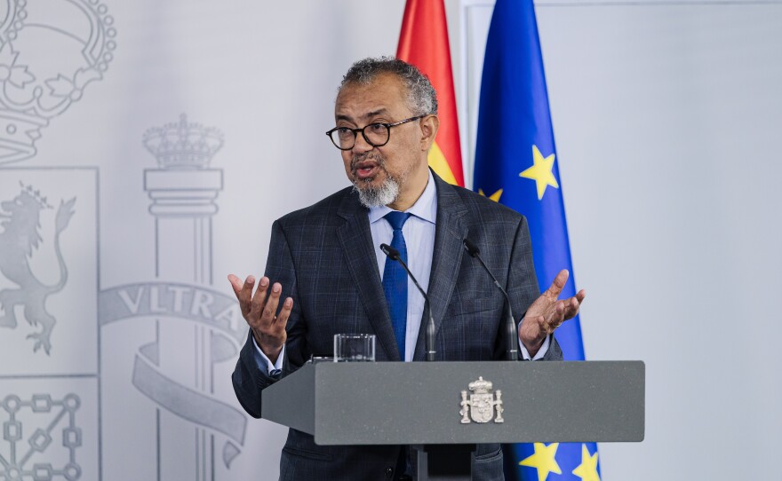 Director General of the World Health Organization (WHO) Tedros Adhanom Ghebreyesus gives a press conference at the Moncloa Palace in Madrid, Tuesday, May 12, 2026.