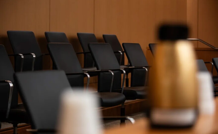The jury box in a double-jury courtroom at San Diego Superior Court in downtown San Diego on Aug. 12, 2025. Jurors in these courtrooms participate in joint trials with multiple defendants.