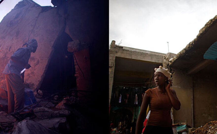 The collapsed roof a shop near downtown Port-au-Prince has been removed since this Jan. 17, 2010, image, and street vendors and shoppers are using the area.