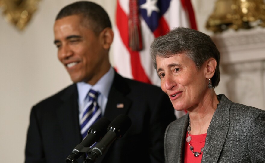 REI CEO Sally Jewell delivers remarks after being nominated by President Obama to be the next secretary of the interior on Wednesday.