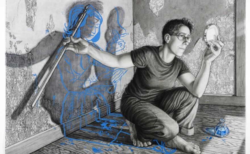 Riva Lehrer's 2010 charcoal mixed-media collage portrait of Alison Bechdel, author of the <em>Dykes to Watch Out For</em> comic strip and the memoirs <em>Fun Home </em>and <em>Are You My Mother?</em>