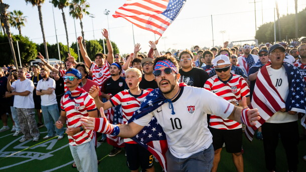 Fans react during a watch party for the World Cup Round of 32 soccer match between the United States and Bosnia in Carson, Calif. on July 1, 2026.