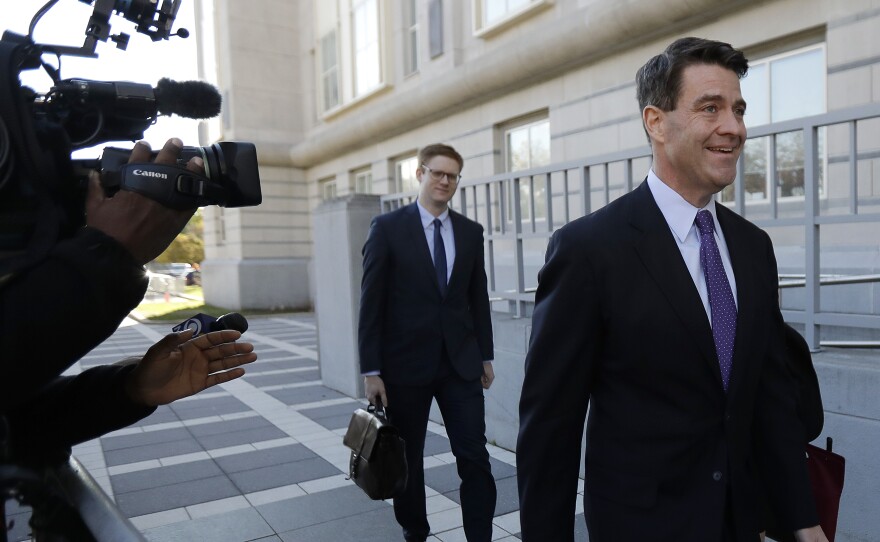 Bill Baroni (right), New Jersey Gov. Chris Christie's former top appointee at the Port Authority of New York and New Jersey, arrives at federal court in Newark, N.J., on Friday. Baroni and Bridget Kelly were found guilty of scheming to use traffic jams to punish a Democratic mayor who didn't endorse Christie in 2013.