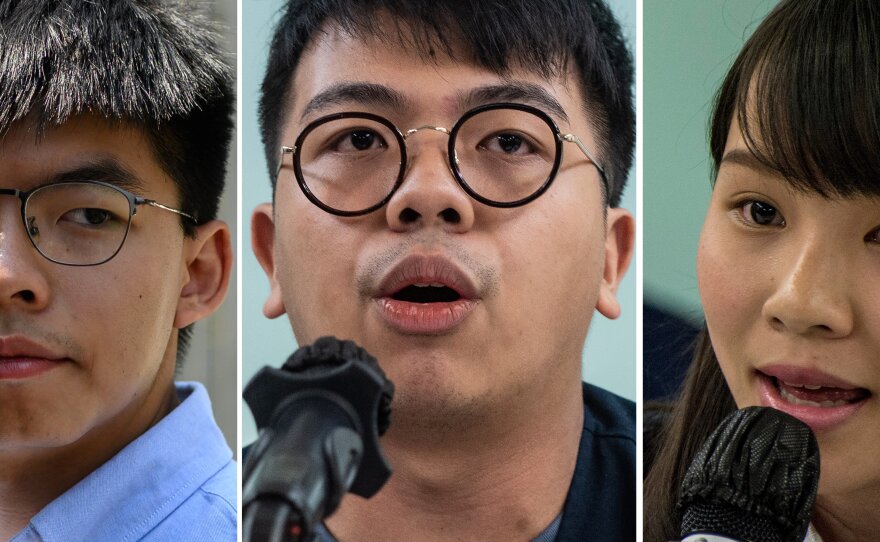 File photos shows Hong Kong pro-democracy activist Joshua Wong (from left), activist Ivan Lam and then-student activist Agnes Chow. The three were sentenced in Hong Kong on Wednesday for their roles in leading last year's anti-government protests.