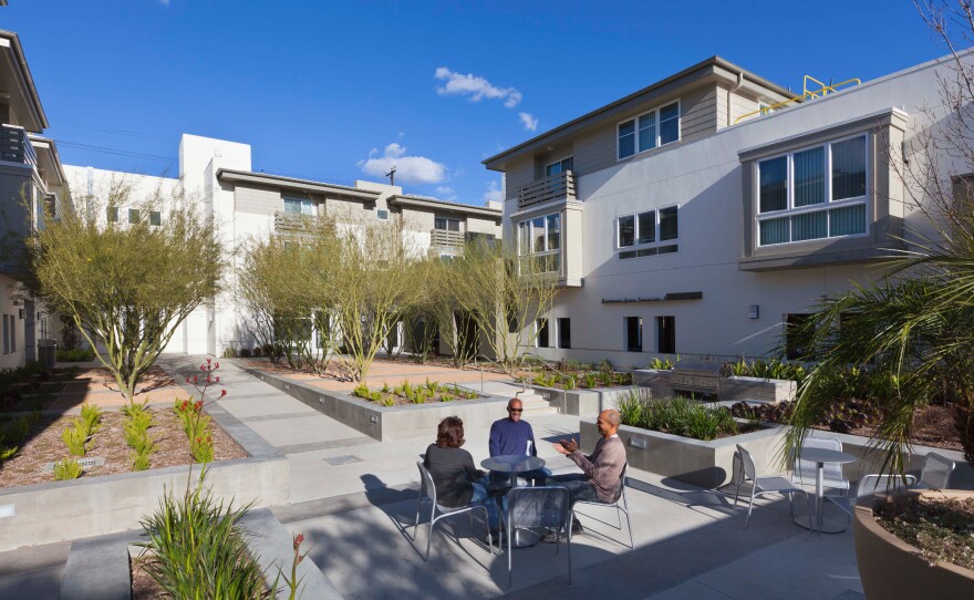 A view of a courtyard at the Palo Verde apartments in Los Angeles, Calif.