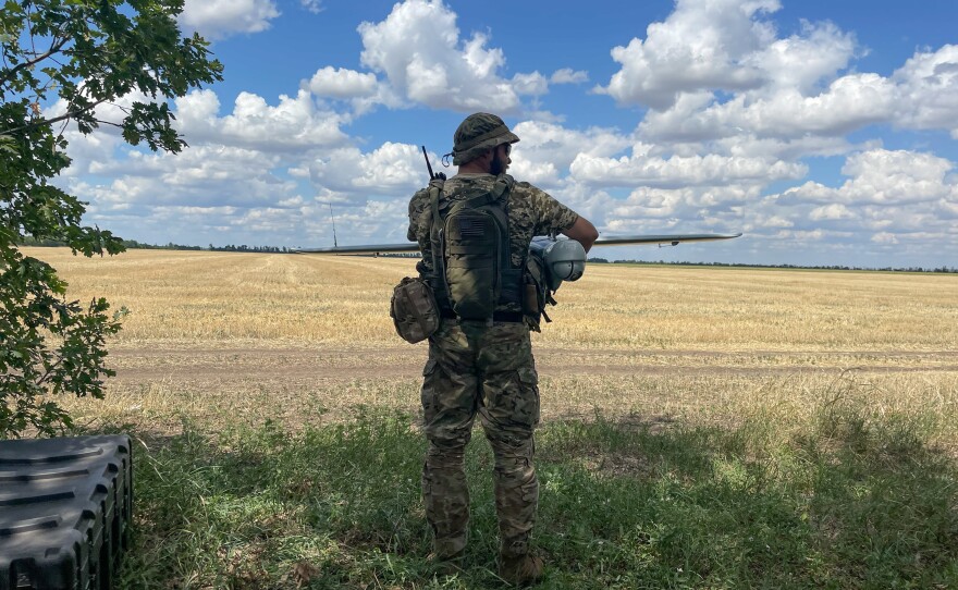 Sacha, from the Karlson team, gets ready to launch a surveillance drone in southern Ukraine. Both the Ukrainians and the Russians are using drones to try to gain an advantage in the conflict.