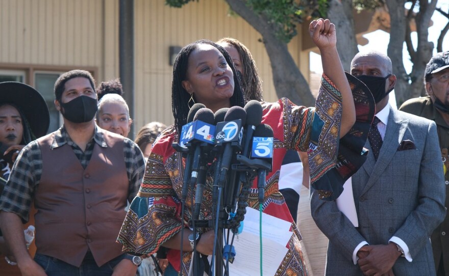 Kavon Ward, founder of Justice for Bruce's Beach speaks before California Gov. Gavin Newsom signing a bill, "Bruce's Beach Bill", Thursday, Sept. 30, 2021, in Manhattan Beach, Calif.