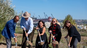 SDSU Vice President of Research and Innovation Hala Madanat (center) and other university representatives participate in a ceremonial groundbreaking of the university's One Water Laboratory in Mission Valley on Wednesday, Dec. 17, 2025.