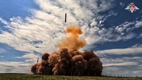 In this image made from video provided by Russian Defense Ministry Press Service on Tuesday, May 12, 2026, Russia's new Sarmat intercontinental ballistic missile is test launched at an unspecified location in Russia.