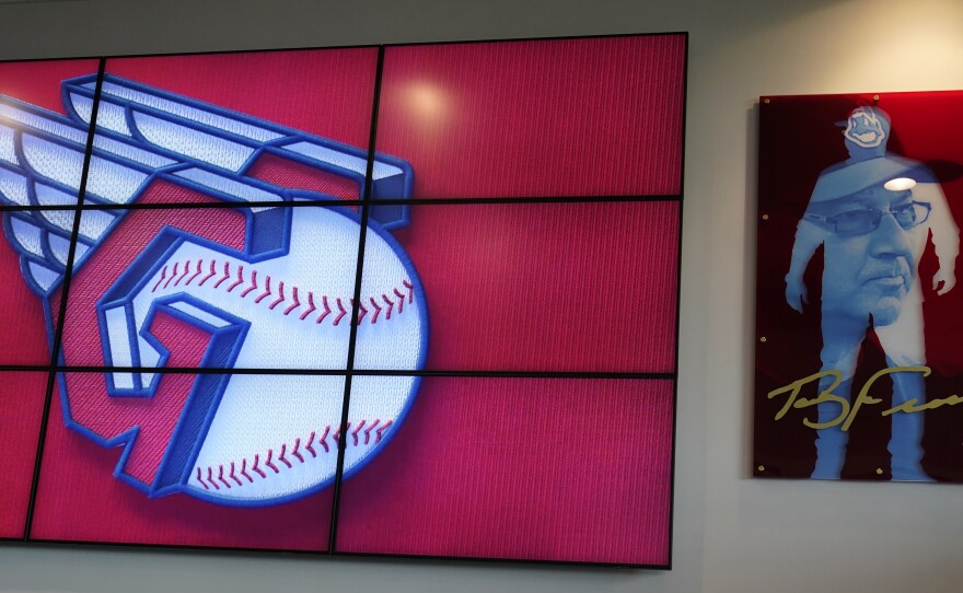 The new Cleveland MLB logo is displayed on July 23 in Cleveland. Known as the Indians since 1915,the team will be called Guardians starting next season.