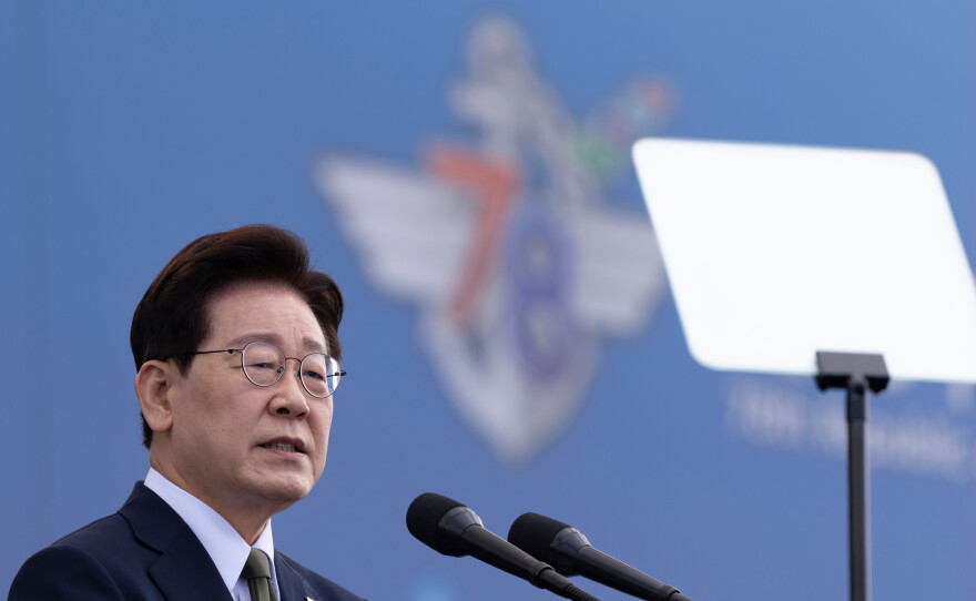 South Korean President Lee Jae Myung delivers a speech during the Armed Forces Day at a military base in Gyeyong, South Korea, Thursday, Oct.  1, 2026.