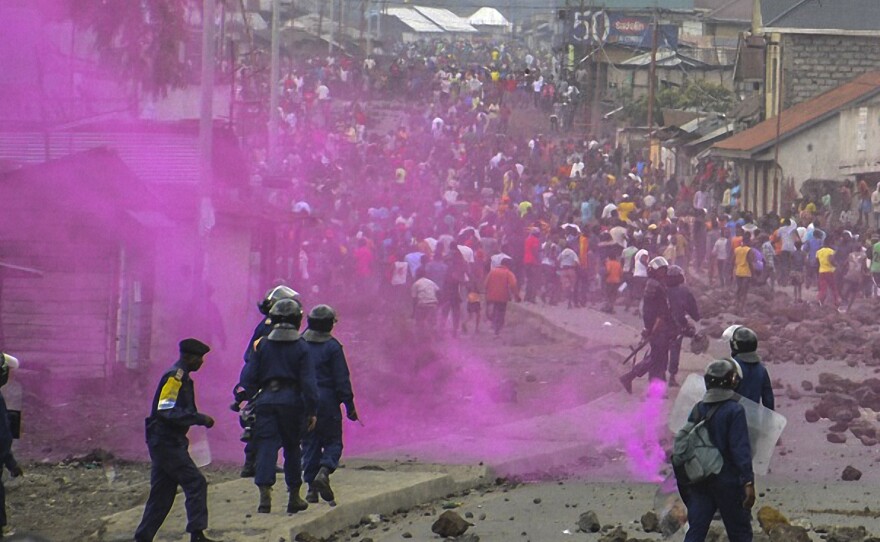 Police in Goma, Democratic Republic of Congo, launched flares during a demonstration on Monday.