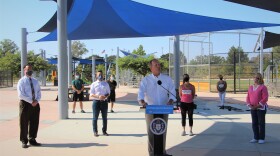 Mayor Kevin Faulconer at Mira Mesa Community Park on Aug. 18, 2020, announcing gyms and houses of worship can use the city of San Diego's public parks for their operations during COVID-19 pandemic.