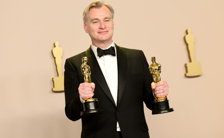 Christopher Nolan, winner of the best directing award and the best picture award for<em> Oppenheimer</em> poses in the press room during the 96th Annual Academy Awards.