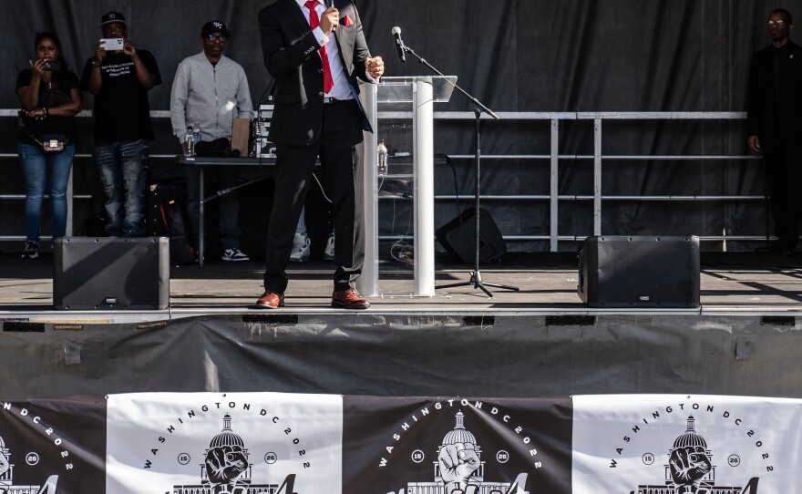 Host of the Rally 4 Reparations Tariq Nasheed speaks to the crowd.