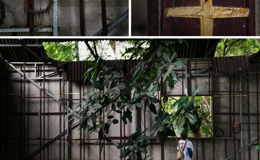 (Top left) A wreath still hangs on the wall from 2010 when the congregation tried to celebrate Christmas and was forced out of the church. (Top right) A gold cross is painted on the altar. (Bottom) Yudyharijono, 69, looks out the window of the overgrown Yasmin church.