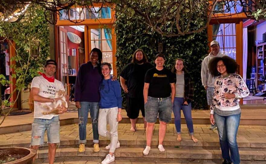 The crew involved with recording the track is pictured in June 2020, featuring (from left) Jason Mraz, Miki Vale, Laura Zablit, Jeff Berkley, Veronica May, Becca Jay, Josh Hermsmeier and Rebecca Jade.