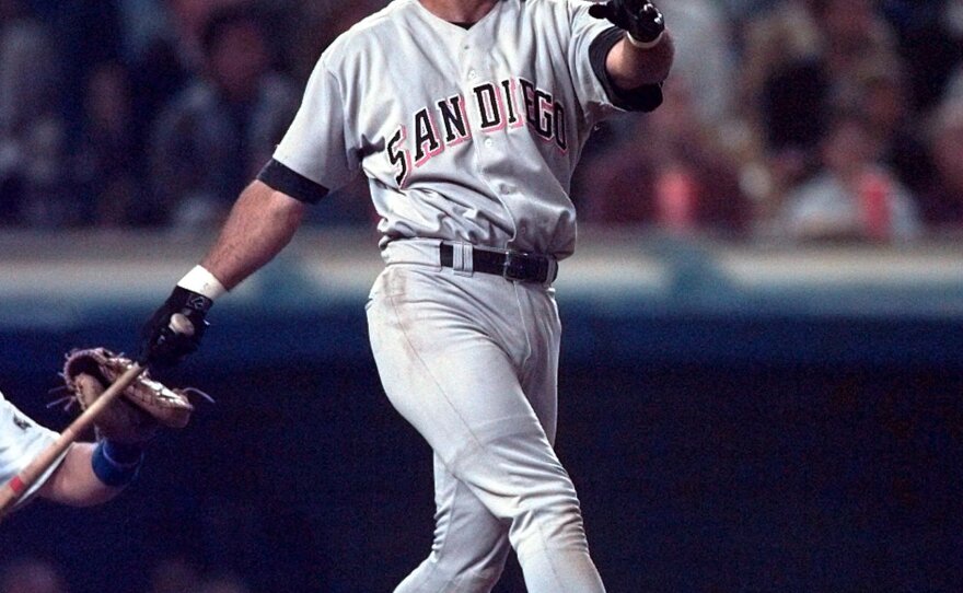 San Diego Padres' Ken Caminiti watches his eighth inning home run against the Los Angeles Dodgers in Los Angeles, Sept. 27, 1996.