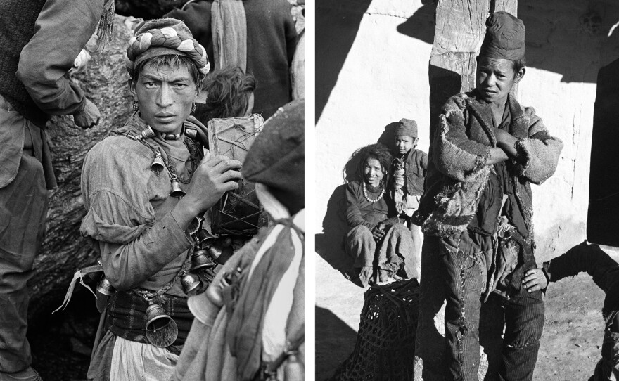 A Buddhist shaman in a trance at sacred Gosaikunda Lake, 1988. A village boy soaks up the winter's sun in Talphi village, 1977.