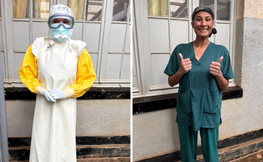 Dr. Rupa Narra shares a before and after photo from Thursday's shift in an Ebola treatment unit in Butembo, Democratic Republic of the Congo. Narra and her colleagues are limited to about an hour at a time with patients in the unit due to the difficulty and risks of working in protective gear.