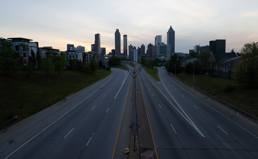 A view of an empty John Lewis Freedom Parkway against the backdrop of downtown Atlanta on April 4.