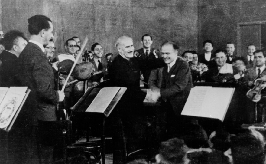 Arturo Toscanini and Bronislaw Huberman after the first Palestine Symphony concert in December, 1936.