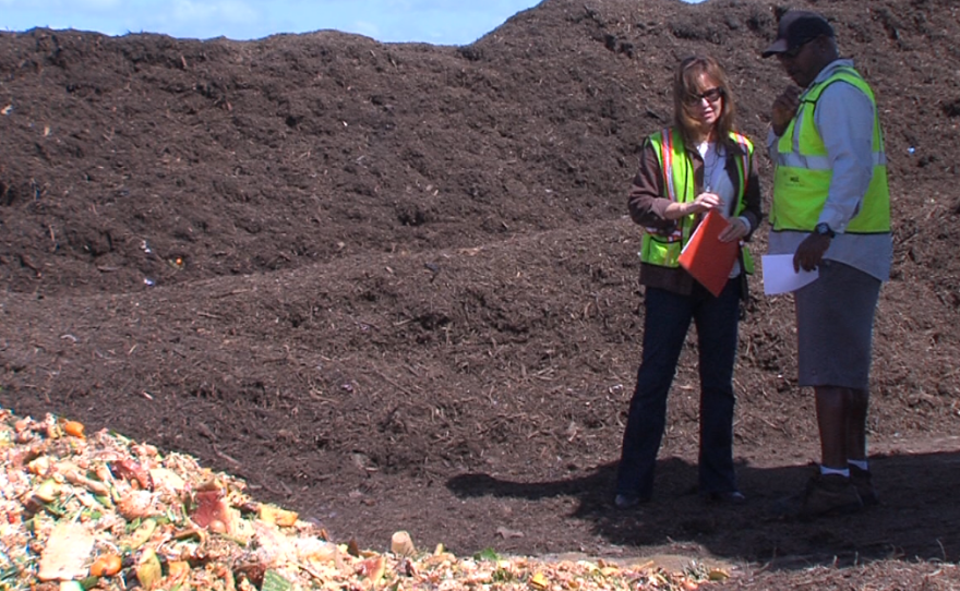 Ana Carvalho, environmental specialist with the city of San Diego, surveys a fresh shipment of food waste at the Miramar Landfill Greenery, March 29, 2016.