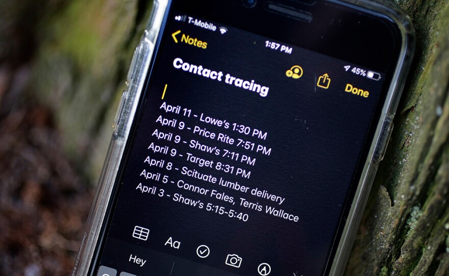 A smartphone showing notes made for contact tracing Wednesday, April 15, 2020.