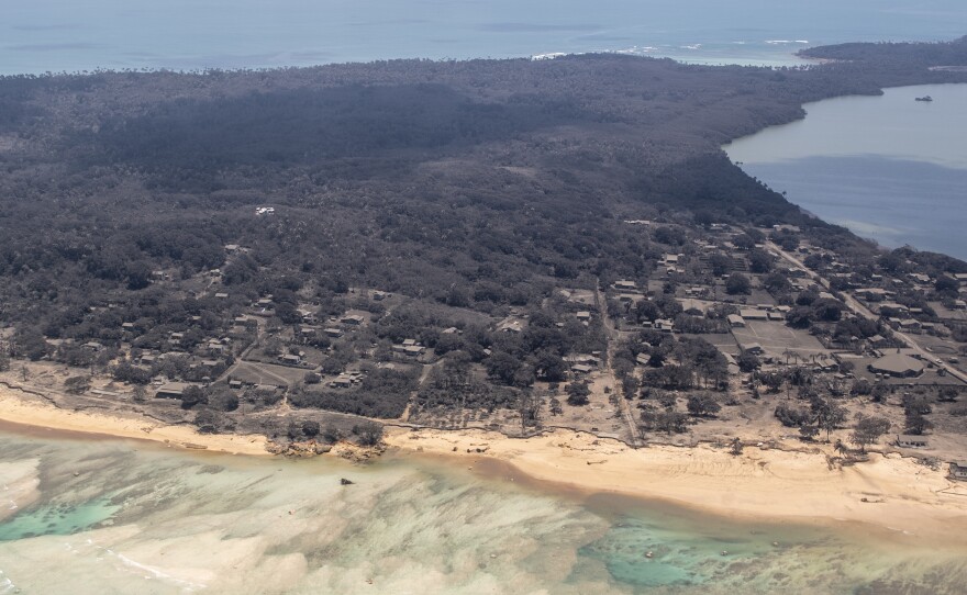 An aerial view of heavy ash fall on January 17, 2022 on the island of Nomuka, Tonga. The extent of the damage to the island nation remains largely unknown.