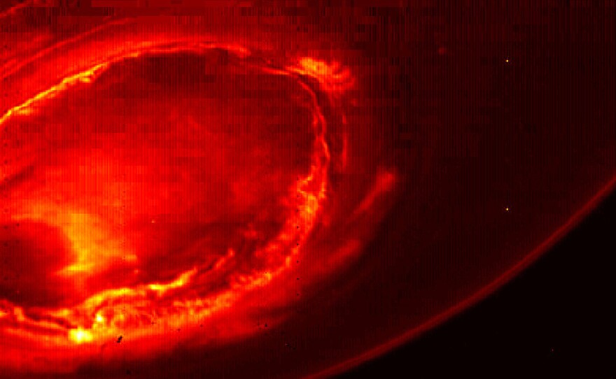 This infrared image from Juno provides an unprecedented view of Jupiter's southern aurora. Such views are not possible from Earth.