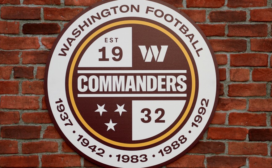 A view of a Washington Commanders logo during the announcement of the Washington Football Team's name change at FedEx Field in Landover, Md., on Feb. 2.
