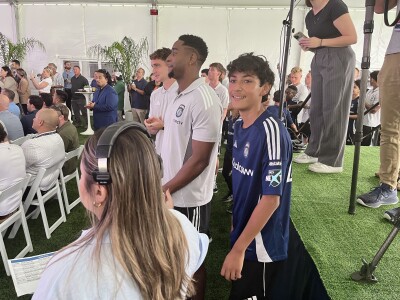 Twelve-year-old center-back Thiago Terrazas gets ready to be introduced as part of San Diego FC's new Right to Dream Academy team, Sept. 26, 2025.