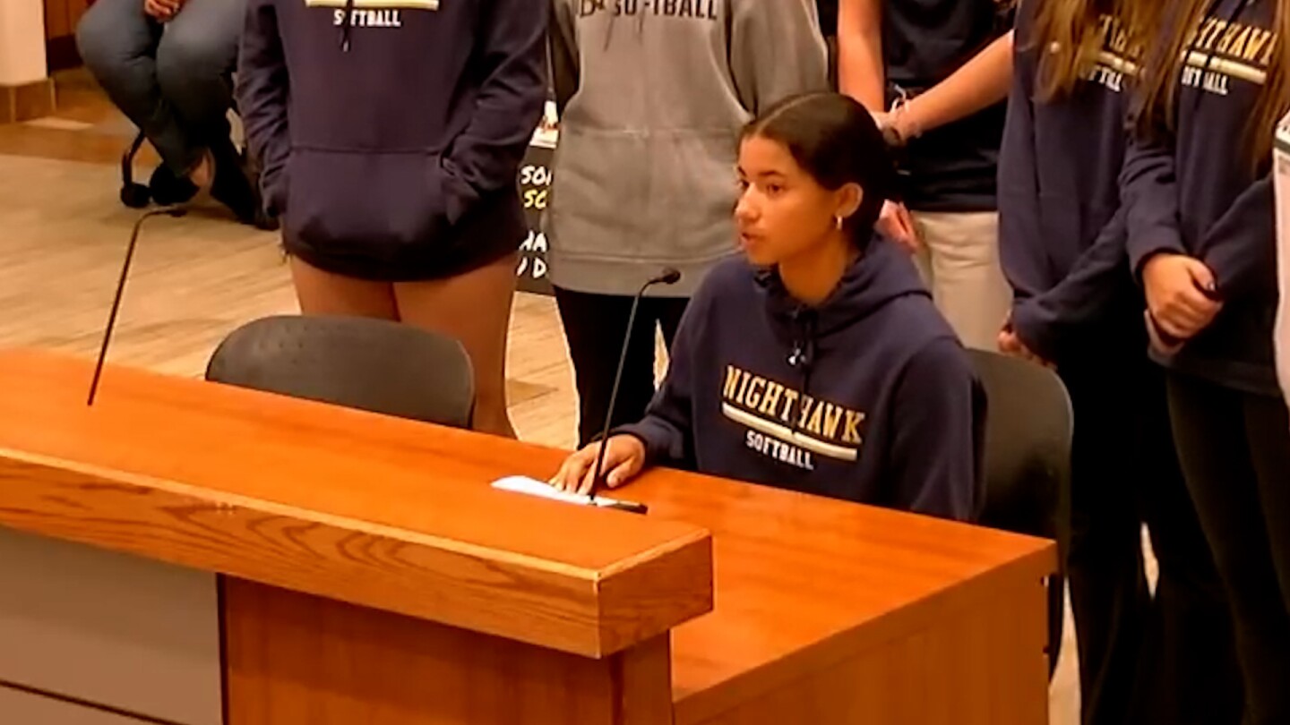 Del Norte senior Miranda Mosqueda is shown testifying before the Poway Unified School Board on Nov. 9, 2023.