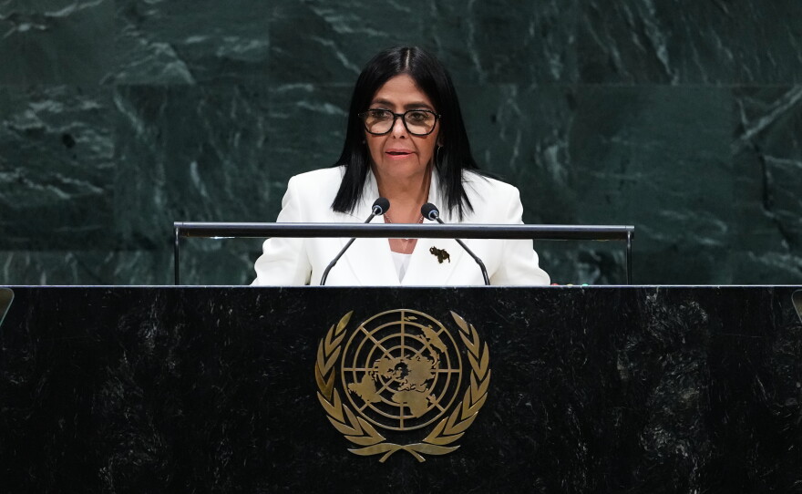 Delcy Rodríguez, acting president of Venezuela, addresses the 81st session of the United Nations General Assembly at U.N. headquarters Wednesday, Sept. 23, 2026.