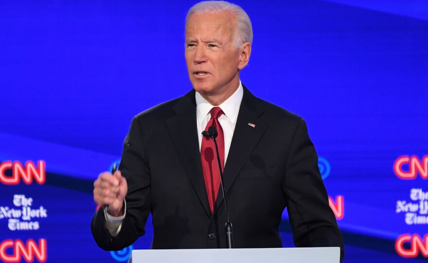 Former Vice President Joe Biden, one of the Democratic presidential hopefuls, speaks during the fourth Democratic presidential debate, which was co-hosted by The New York Times and CNN.