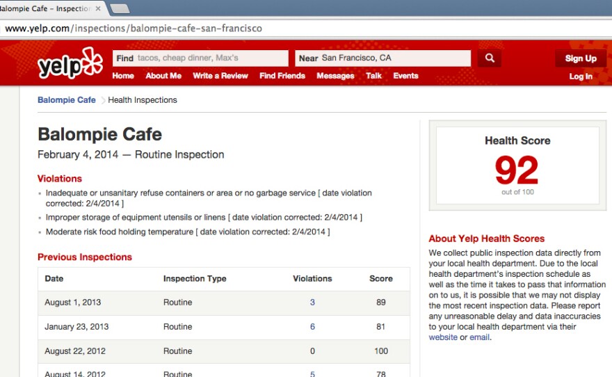 It can be a bit tricky to spot those health inspection scores on Yelp. If you're looking at the Yelp website, the information is listed in a box alongside the venue's hours, menu and price range.