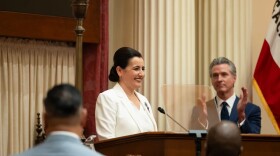 Senate President Pro Tem Monique Limón addresses lawmakers during her swearing-in ceremony in the Senate chambers at the state Capitol in Sacramento on Jan. 5, 2026.