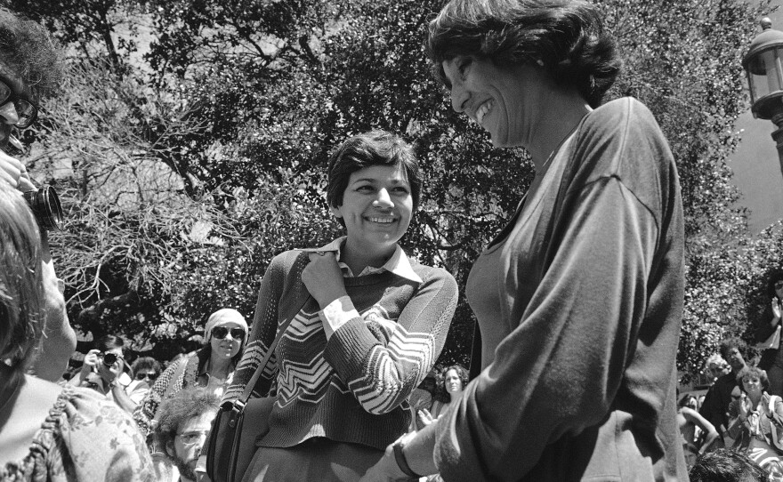 Singer Joan Baez (right) and Avital Sharansky at Sproul Plaza at the University of California campus in Berkeley on July 20, 1978, at a rally for Sharansky, the wife of Soviet dissident Natan Sharansky.