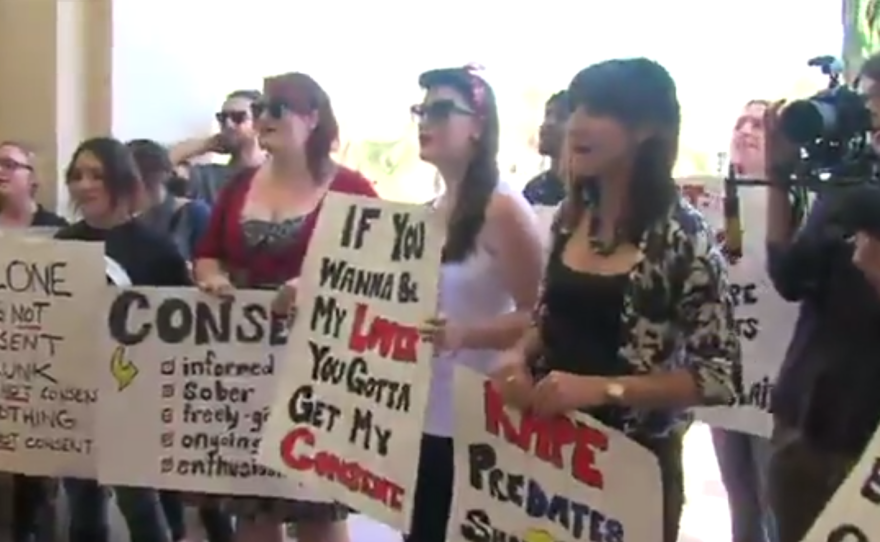 San Diego State University students march to demand action against fraternities for perpetuating what student activists call a rape culture, Dec. 9, 2014.