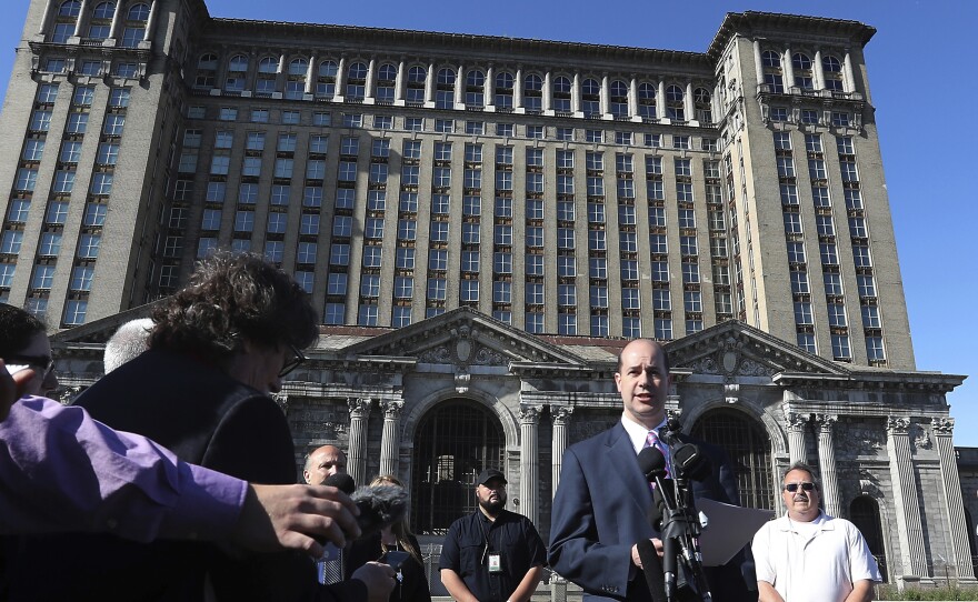Matthew Moroun announces the sale of Michigan Central Station to the Ford Motor Company on Monday in Detroit.