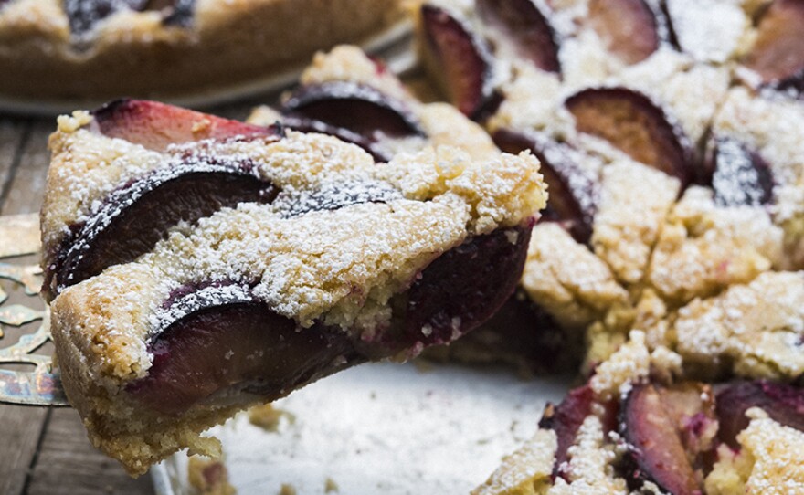 Austrian Plum Cake (Zwetschgenkuchen), a cake that serves as a simple base for juicy sweet-tart plums, as featured in “The Austrian Table.”