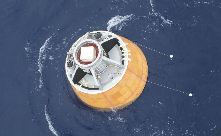 India's test crew module floating in the Andaman Sea after splash down.