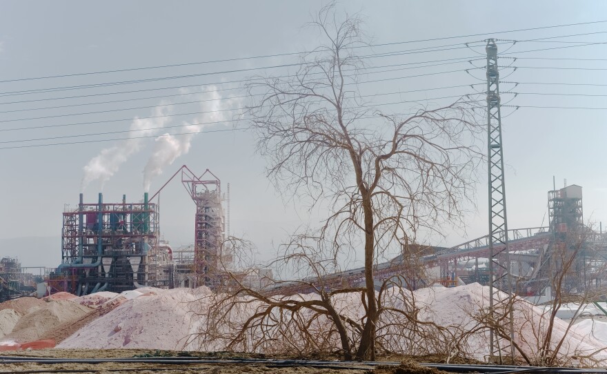 Israel's Dead Sea Works factory piles up white potash, which is extracted from the Dead Sea and exported for fertilizer, in the southern part of the Dead Sea on Nov. 10. The company was founded by Israel in 1952 and mines the lake for minerals such as potash, bromine and bromine compounds.