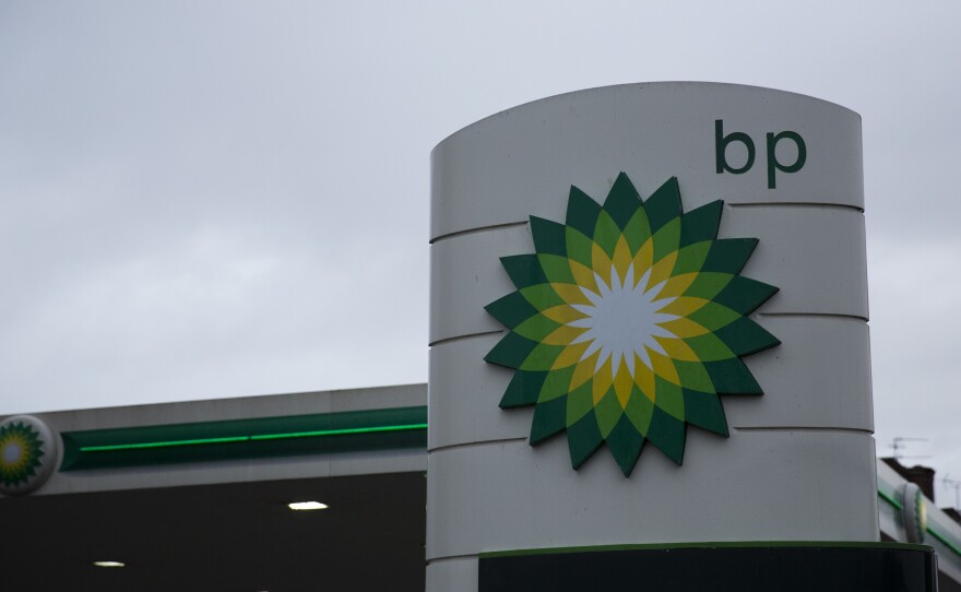 BP's logo outside a petrol station in East Molesey, southwest London.