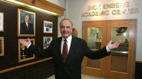 Longtime sports announcer Dick Enberg is shown at the student-athlete academic center named in his honor at Central Michigan University, Oct. 12, 2007. The photo was provided by the college. 