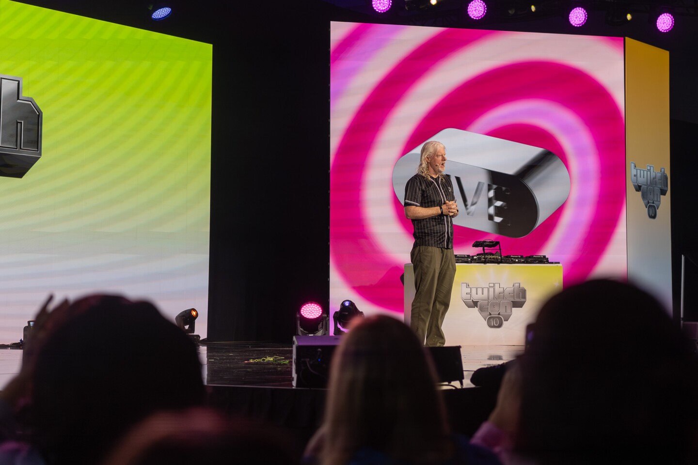 Twitch CEO Dan Clancy makes product announcements at the TwitchCon Opening Ceremony at the San Diego Convention Center on Oct. 17, 2025. Clancy revealed the platform was moving forward with dual-format streaming (landscape and vertical video) streaming, among other updates to the platform.